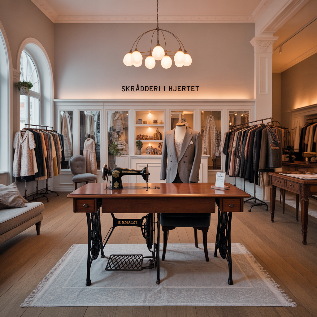 Skrædderi værksted med symaskiner og stoffer